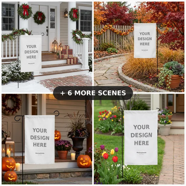 Garden Flag Mockup Bundle | 10 Seasonal PSD Smart Object Templates 12.5x18 | Christmas Fall Halloween Yard Flag Mockups Instant Download