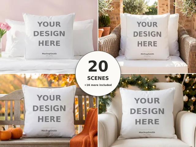 Throw Pillow Mockup Bundle | 20 Lifestyle PSD Smart Object Templates + Canva PNG | Square Pillow Mock Up for POD Sellers Instant Download