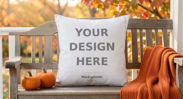Fall Pillow Mockup | Autumn Porch Pumpkins PSD Smart Object Template + Canva PNG | Square Throw Pillow Mock Up Instant Download