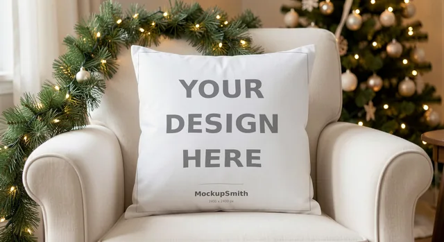 Christmas Pillow Mockup | Cozy Fireside Armchair PSD Smart Object Template + Canva PNG | Holiday Throw Pillow Mock Up Instant Download