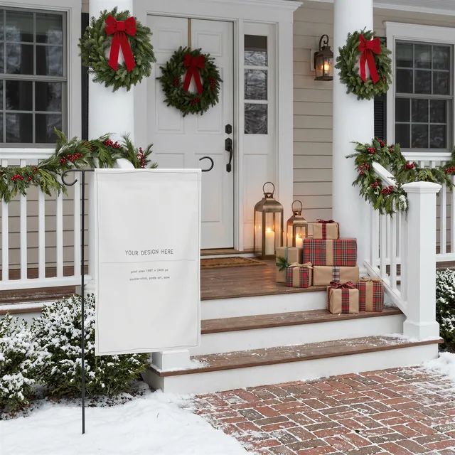 Christmas Garden Flag Mockup | Holiday Porch PSD Smart Object Template | Winter Yard Flag Mock Up Instant Digital Download