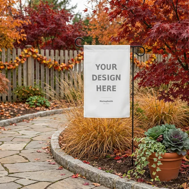 Fall Garden Flag Mockup | Autumn Leaves Garden Path PSD Smart Object Template | Yard Flag Mock Up Instant Digital Download