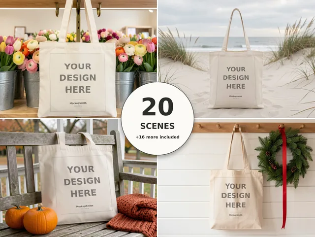Tote Bag Mockup Bundle | 20 Lifestyle PSD Smart Object Templates + Canva PNG | Canvas Tote Mock Up for POD Sellers Instant Download