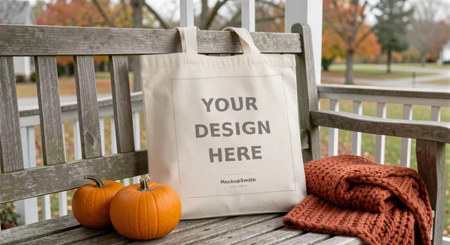 Fall Tote Bag Mockup | Autumn Porch Pumpkins PSD Smart Object Template + Canva PNG | Cozy Canvas Tote Mock Up Instant Download