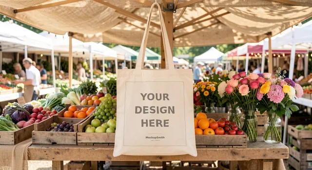 Farmers Market Tote Bag Mockup | Canvas PSD Smart Object Template + Canva PNG | Grocery Tote Mock Up Instant Digital Download